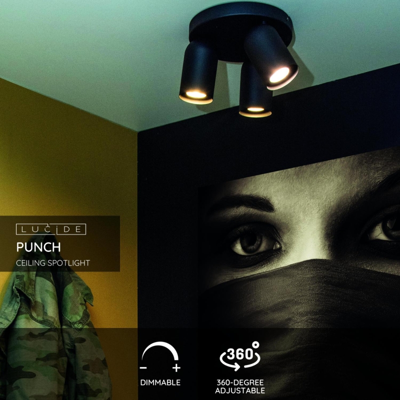 Lucide PUNCH - Stropné bodové svietidlo - Ø 21 cm - 3xGU10 - Čierna